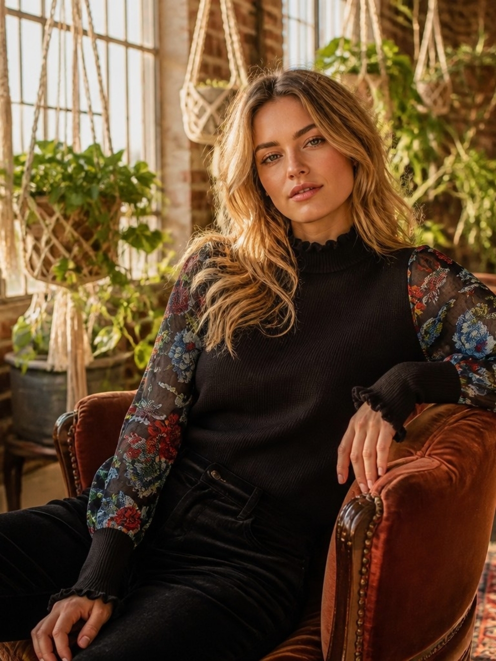 Sioni Black Knit Top with Floral Sheer Sleeves